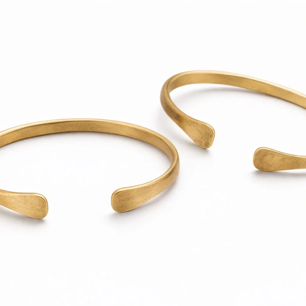 Pair Solid Brass Handmade Open Cuffs Paddle Terminal Artisan Minimalist Gold